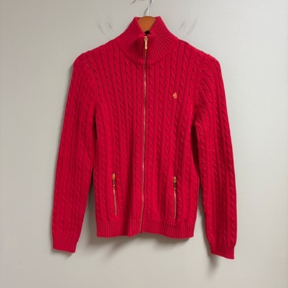 Lauren Ralph Lauren Red Cable Knit Cardigan Women L Full Zip Old Money Preppy